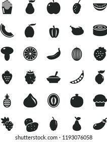 solid black flat icon set canned goods vector, mushroom, cake, a bowl of buckwheat porridge, chicken, fried potato slices, strawberry, strawberries, pineapple, pear, apple, pomegranate, grape, fig