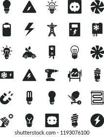 solid black flat icon set lightning vector, danger of electricity, concrete mixer, drill, saving light bulb, power socket type f, dangers, heating coil, boiler, charge level, big solar panel, line