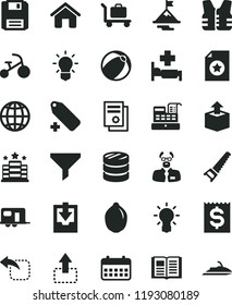 solid black flat icon set add label vector, download archive data, baby bath ball, tricycle, house, hand saw, book, earth, unpacking, move up, left, lime, filter, column of coins, financial item
