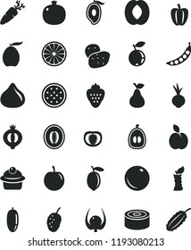 solid black flat icon set canned goods vector, muffin, beet, carrot, strawberry, apple, pear, orange, pomegranate, fig, half of medlar, blueberry, tasty mulberry, mango, loquat, peach, melon, plum