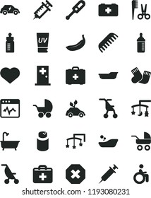 solid black flat icon set heart symbol vector, mark of injury, first aid kit, toys over the cradle, cot, feeding bottle, measuring for, powder, baby stroller, carriage, summer, sitting, bath, comb
