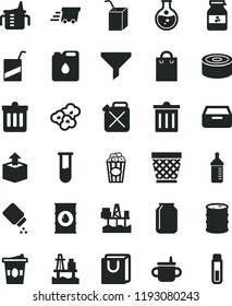 solid black flat icon set wicker pot vector, bin, mug for feeding, measuring cup, bottle, baby powder, e, packing of juice with a straw, dust, drawer, bag handles, unpacking, canned goods, popcorn