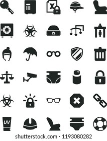 solid black flat icon set mark of injury vector, spectacles, scales, toys over the cot, diaper, nappy, powder, Baby chair, car child seat, winter hat, warm, construction helmet, dust bin, lock, key