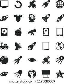 solid black flat icon set monitor vector, counterclockwise, t short, bath ball, earth, artificial satellite, planet, billboard, rocket, space, tablet pc, hdd, telescope, antenna, saturn, lunar rover