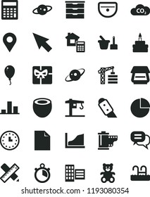 solid black flat icon set clean sheet of paper vector, camera roll, calculator, pie chart, storage unit, toy sand set, teddy bear, balloon, crane, tower, sink, city block, writing accessories, knife