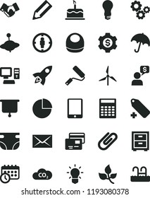 solid black flat icon set envelope vector, add label, bedside table, pie chart, nappy, baby bib, yule, new roller, umbrella, cards, cake, clip, leaves, windmill, light bulb, CO2, goal woman, gears