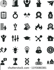 solid black flat icon set molecule vector, dna, bulb, settings, flame, scientist, clipboard, radar, sun panel, winner, gold cup, man arrow up, graduate, pennant, medal, star ribbon, with ladder