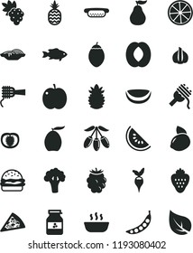 solid black flat icon set piece of pizza vector, mini hot dog, burger, slices onion, spaghetti, noodles, porridge, fish, jar jam, strawberry, a pineapple, apple, grape, blackberry, slice water melon