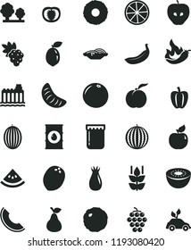 solid black flat icon set slices of onion vector, cabbage, jam, pear, mint, ripe peach, grape, large, apricot, tasty apple, rose hip, melon, water, slice, tangerine, banana, kiwi, sour lime, lemon