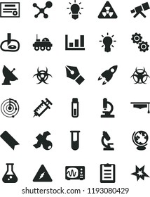solid black flat icon set bookmark vector, flask, test tube, microscope, telescope, molecule, electricity, nuclear, bulb, gears, satellite, biohazard, globe, oscilloscope, graduate hat, clipboard