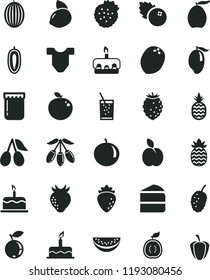 solid black flat icon set Child T shirt vector, cake, piece of, torte, a glass soda, jam, blueberries, strawberries, pineapple, apple, raspberry, strawberry, cornels, tasty, blueberry, mulberry