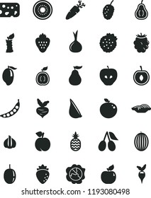 solid black flat icon set piece of cheese vector, slices onion, garlic, carrot, strawberry, strawberries, a pineapple, peach, squash, apricot, tasty apple, raspberry, cornels, blackberry, mulberry