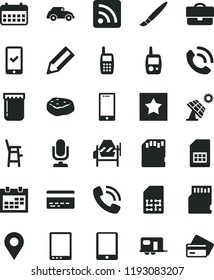 solid black flat icon set tassel vector, desktop microphone, calendar, bank card, rss feed, toy mobile phone, a chair for feeding child, concrete mixer, smartphone, call, piece of meat, jam, SIM, sd
