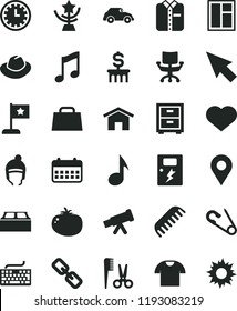 solid black flat icon set heart symbol vector, clock face, keyboard, spectacles, hat, bedside table, open pin, accessories for a hairstyle, comb, winter, window, building block, dangers, home, music