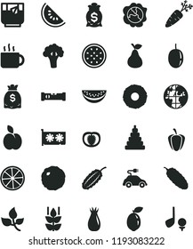 solid black flat icon set stacking toy vector, construction level, cabbage, cucumber, cup of tea, a glass, apple, pear, mint, squash, rose hip, slice water melon, passion fruit, half, sour lime