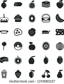 solid black flat icon set sausage vector, piece of cheese, mini hot dog, big burger, muffin, cake slice, torte, glazed with a hole, Chupa Chups, cup popcorn, omelette, strawberry, strawberries, half