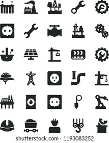 solid black flat icon set winch hook vector, power socket type b, f, construction helmet, plummet, gear, star, sea port, commercial seaport, solar panel, valve, water pipes, factory, oil, battery