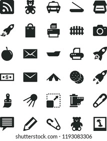 solid black flat icon set image of thought vector, camera, envelope, roll, rss feed, safety pin, open, bath, teddy bear, small, plastic brush, fence, car, artificial satellite, expand picture, bag