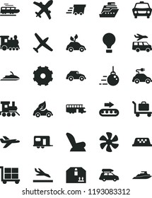 solid black flat icon set truck lorry vector, cargo trolley, car child seat, baby toy train, big core, cardboard box, marine propeller, production conveyor, eco, environmentally friendly transport