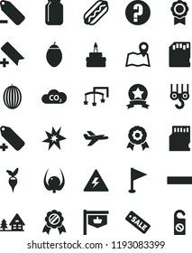solid black flat icon set danger of electricity vector, add bookmark, minus, label, remove, pennant, question, toys over the cot, winch hook, Hot Dog, birthday cake, melon, tamarillo, physalis, CO2