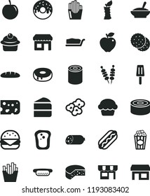 solid black flat icon set kiosk vector, sausage, piece of cheese, loaf, canned goods, tin, fried vegetables on sticks, Hot Dog, mini, big burger, cake, muffin, slice, with a hole, glazed, popcorn