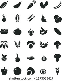 solid black flat icon set fried vegetables on sticks vector, slices of onion, mushroom, porcini, lettuce in a plate, meat skewers, cabbage, cucumber, tomato, chili, peper, beet, garlic, goji berry