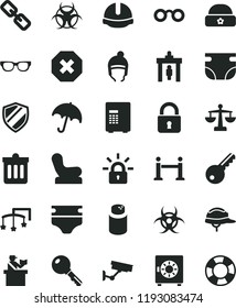 solid black flat icon set mark of injury vector, spectacles, scales, toys over the cot, diaper, nappy, powder, Baby chair, winter hat, warm, construction helmet, dust bin, lock, key, umbrella, safe