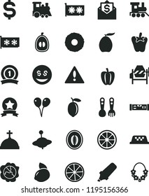 solid black flat icon set warning vector, plastic fork spoons, baby toy train, children's, yule, colored air balloons, concrete mixer, building level, peper, squash, loquat, half melon, lemon, juicy