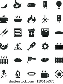 solid black flat icon set electronic thermometer vector e, heating coil, temperature, new radiator, boiler, coffee, sausage, loaf, mini hot dog, noodles, pie, porridge, chop, barbecue, chili, flame