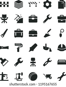 solid black flat icon set paint roller vector, repair key, clean paper, bath ball, cogwheel, building trolley, trowel, arm saw, portfolio, construction level, ceramic tiles, helmet, brick, plummet