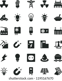 solid black flat icon set saving light bulb vector, power socket type f, lightning, dangers, boiler, a bowl of buckwheat porridge, solar panel, working oil derrick, coal mining, modern gas station