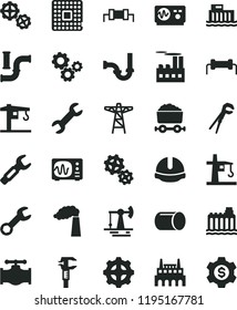 solid black flat icon set crane vector, gears, adjustable wrench, sewerage, construction helmet, working oil derrick, valve, water pipes, manufacture, hydroelectric station, hydroelectricity, gear