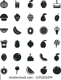 solid black flat icon set cake vector, torte, birthday, Chupa Chups, lollipop, coffe to go, a glass of soda, cone, strawberry, orange slice, half pomegranate, large grape, quince, pear, red apple