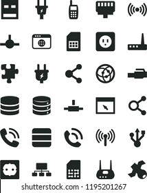 solid black flat icon set Puzzle vector, power socket type b, f, big data, phone call, plug, electric, SIM card, connection, connections, scheme, mobile, usb, router, network, browser, connect