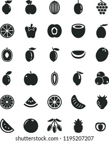 solid black flat icon set peper vector, orange slice, peach, apple, half apricot, large grape, quince, strawberry, blueberries, melon, mango, loquat, goji berry, delicious plum, of tangerine, ripe