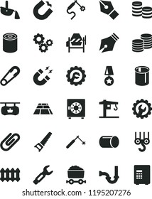 solid black flat icon set safety pin vector, crane, winch hook, concrete mixer, hand saw, sewerage, gear, star, paving slab, new radiator, strongbox, coins, clip, tin, horseshoe magnet, pipe, pipes