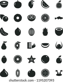 solid black flat icon set small fish vector, blueberries, orange slice, pomegranate, fig, melon, mango, half of, tangerine, sweet date fruit, lime, kiwi, passion, tamarillo, guava, guawa, grapefruit