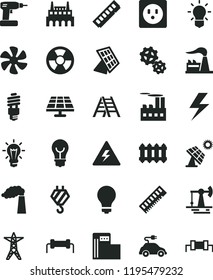 solid black flat icon set lightning vector, danger of electricity, matte light bulb, hook, cordless drill, ladder, new radiator, marine propeller, solar panel, big, working oil derrick, manufacture