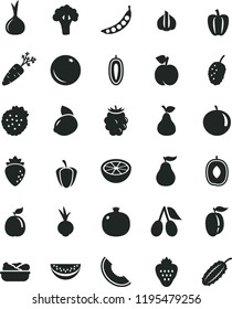 solid black flat icon set lettuce in a plate vector, beet, strawberry, strawberries, pear, orange, peach, pomegranate, raspberry, cornels, blackberry, tasty mulberry, slice of melon, delicious plum