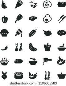 solid black flat icon set deep plate with a spoon vector, plastic fork spoons, iron, sausage, canned goods, spaghetti, noodles, cake, bowl of buckwheat porridge, in saucepan, lettuce, chicken, thigh