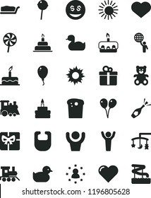 solid black flat icon set heart symbol vector, toys over the cradle, bib, rubber duck, baby duckling, teddy bear, toy train, children's, colored air balloons, balloon, cake, birthday, gift, Easter