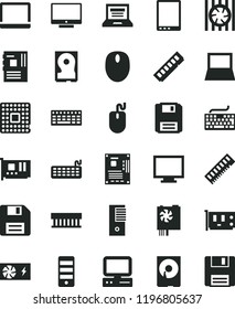 solid black flat icon set floppy disk vector, laptop, monitor, keyboard, screen, processor, computer, tablet pc, notebook, radiator fan, mouse, power supply, tower, motherboard, memory, card, hdd