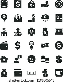 solid black flat icon set purse vector, dollar, coins, column of, denomination the, article on, financial item, catch a coin, wallet, dollars, cash, money bag hand, rain, mortgage, pedestal, gear