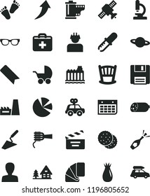 solid black flat icon set bookmark vector, woman, first aid kit, camera roll, movie cracker, cradle, baby stroller, motor vehicle present, children's tracks, trowel, sample of colour, planet, floppy