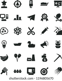 solid black flat icon set scissors vector, paper airplane, rubber duck, bath, colored air balloons, concrete mixer, bundle of eggs, spaghetti, cake slice, omelette, mint, bananas, coal mining, chart