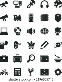 solid black flat icon set purse vector, calculator, beanbag, plates and spoons, portfolio, door knob, interroom, globe, case, volume, put in cart, cocktail, planet, weaving, pencil, black clock, sun