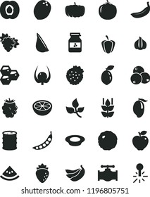solid black flat icon set a plate of milk vector, cabbage, garlic, jar jam, strawberries, mint, honeycombs, half apricot, branch grape, red apple, raspberry, blackberry, blueberries, mango, banana