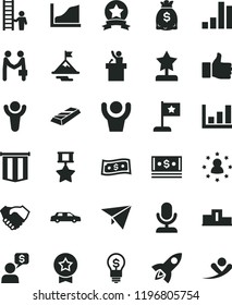 solid black flat icon set bar chart vector, hand shake, dollars, cash, growth graph, winner, pedestal, finger up, star reward, motivation, flag, hero medal, ribbon, man with ladder, gold, pennant