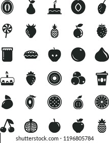 solid black flat icon set cake vector, torte, apple pie, lollipop, coffe to go, jam, a pineapple, pear, orange, cherry, half pomegranate, red, tasty, plum, raspberry, strawberry, fig, blueberry