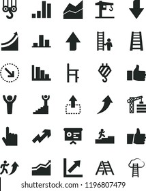 solid black flat icon set upward direction vector, downward, growth up, line chart, positive histogram, a chair for feeding, crane, tower, hook, winch, stepladder, ladder, index finger, thumb, move